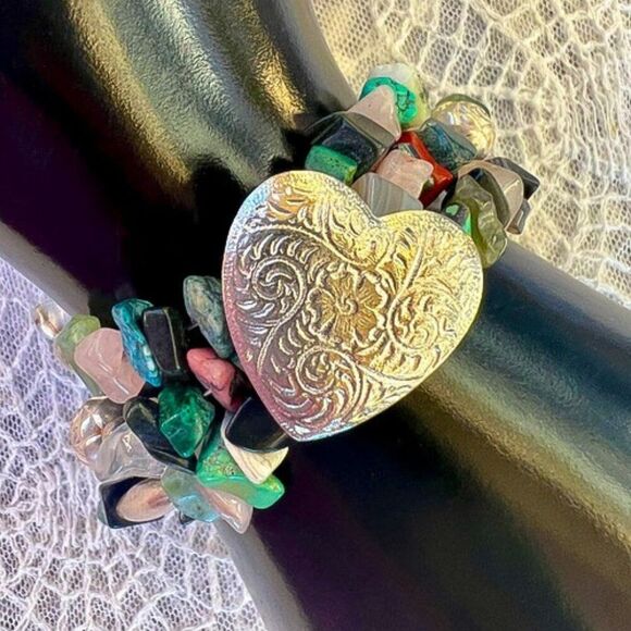 Artisan Crafted Heart & Tumbled Gemstone Bracelet - Picture 1 of 16